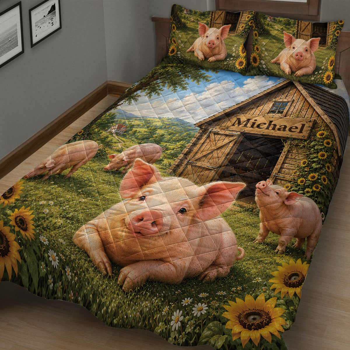Farm pig quilt blanket displayed on a bed with piglets, sunflowers, meadow, and rustic barn artwork
