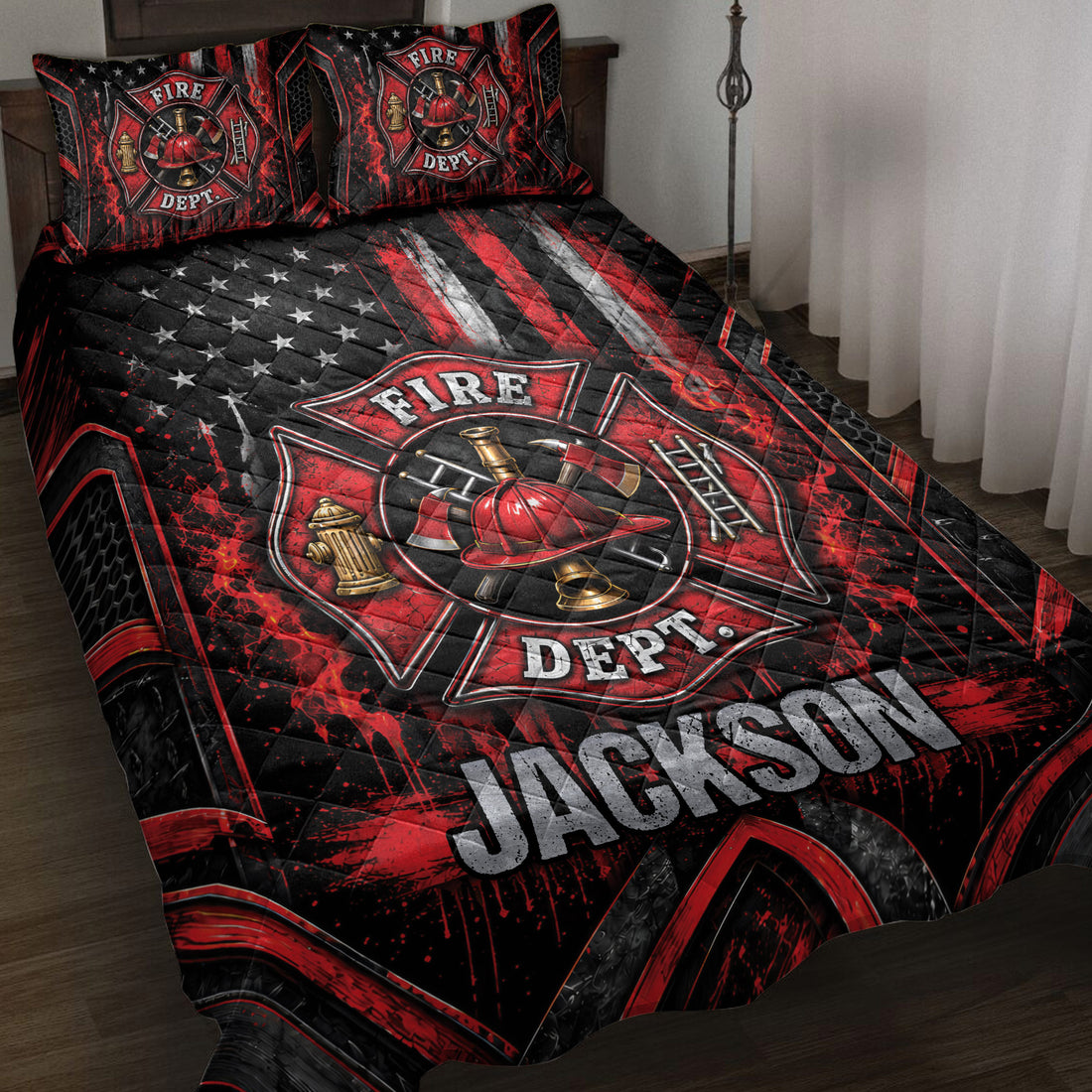 Firefighter quilt blanket displayed on a bed with fire department emblems, helmet artwork, stars, and red-black graphics
