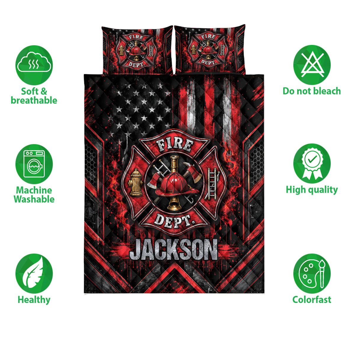 Firefighter quilt bedding set shown with fire department artwork, matching pillowcases, and product feature icons