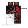 Firefighter quilt showing the printed side and white quilted backing in a product construction detail view