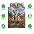 Goat quilt bedding set shown with farm scenery, soft breathable features, machine washable care, and vibrant artwork