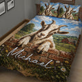 Rustic goat quilt blanket displayed across a bed with farm landscape artwork, blue sky, barn, and meadow flowers