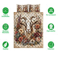 Goat floral quilt bedding set shown with matching printed pillowcases and product feature icons