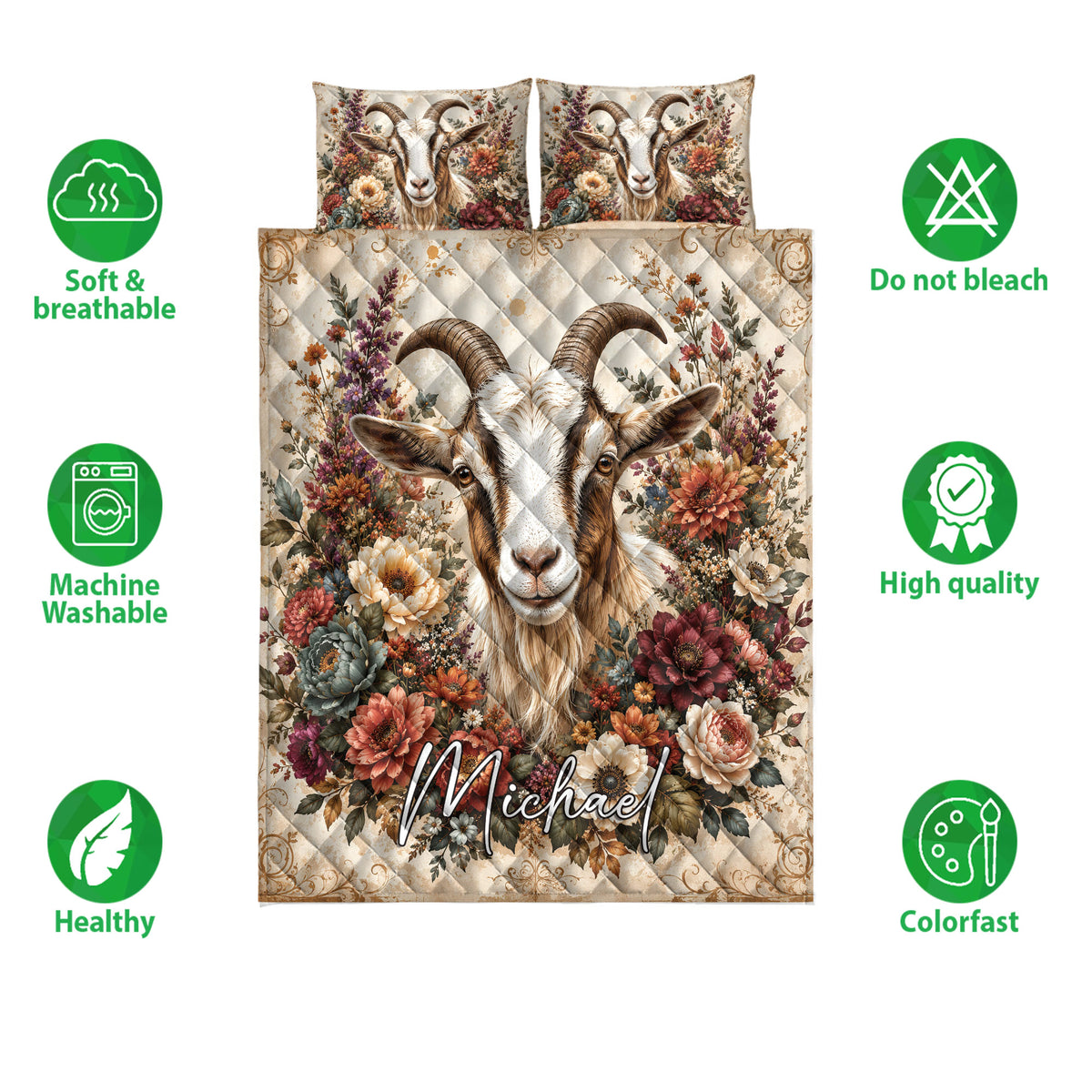 Goat floral quilt bedding set shown with matching printed pillowcases and product feature icons