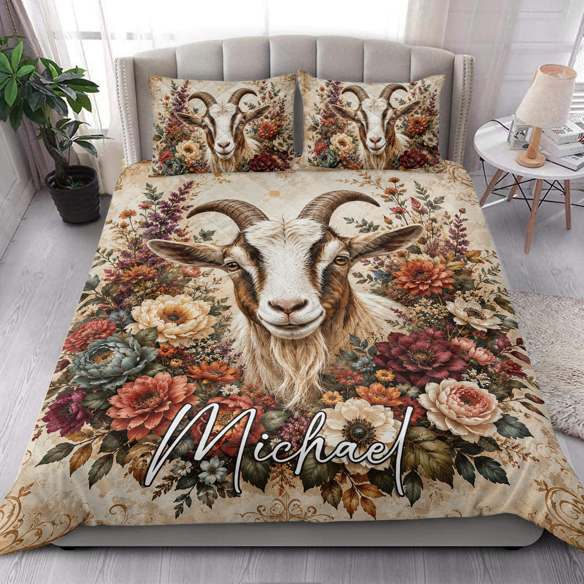 Goat floral quilt styled in a bright bedroom with a large central goat portrait