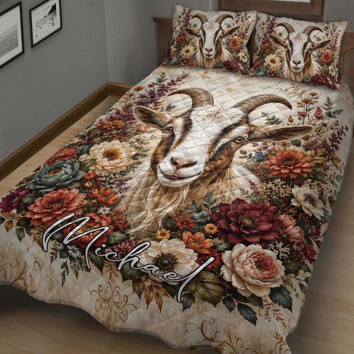 Rustic goat quilt blanket displayed on a bed with colorful flowers and horned goat artwork