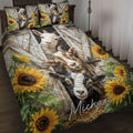 Goat quilt blanket featuring several goats, rustic barn doors, sunflowers, and leafy farmhouse artwork