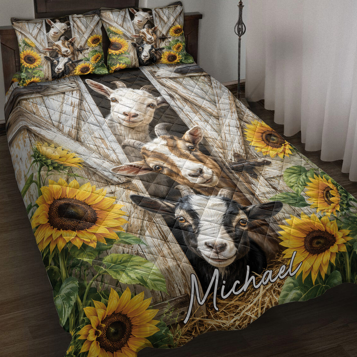Goat quilt blanket featuring several goats, rustic barn doors, sunflowers, and leafy farmhouse artwork