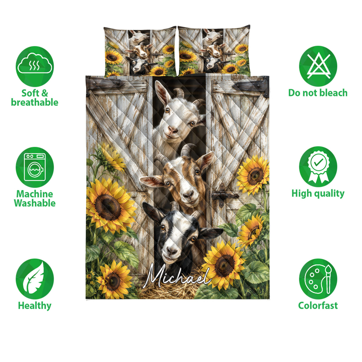 Goat quilt bedding set displayed with matching patterned pillowcases, sunflower accents, and feature icons