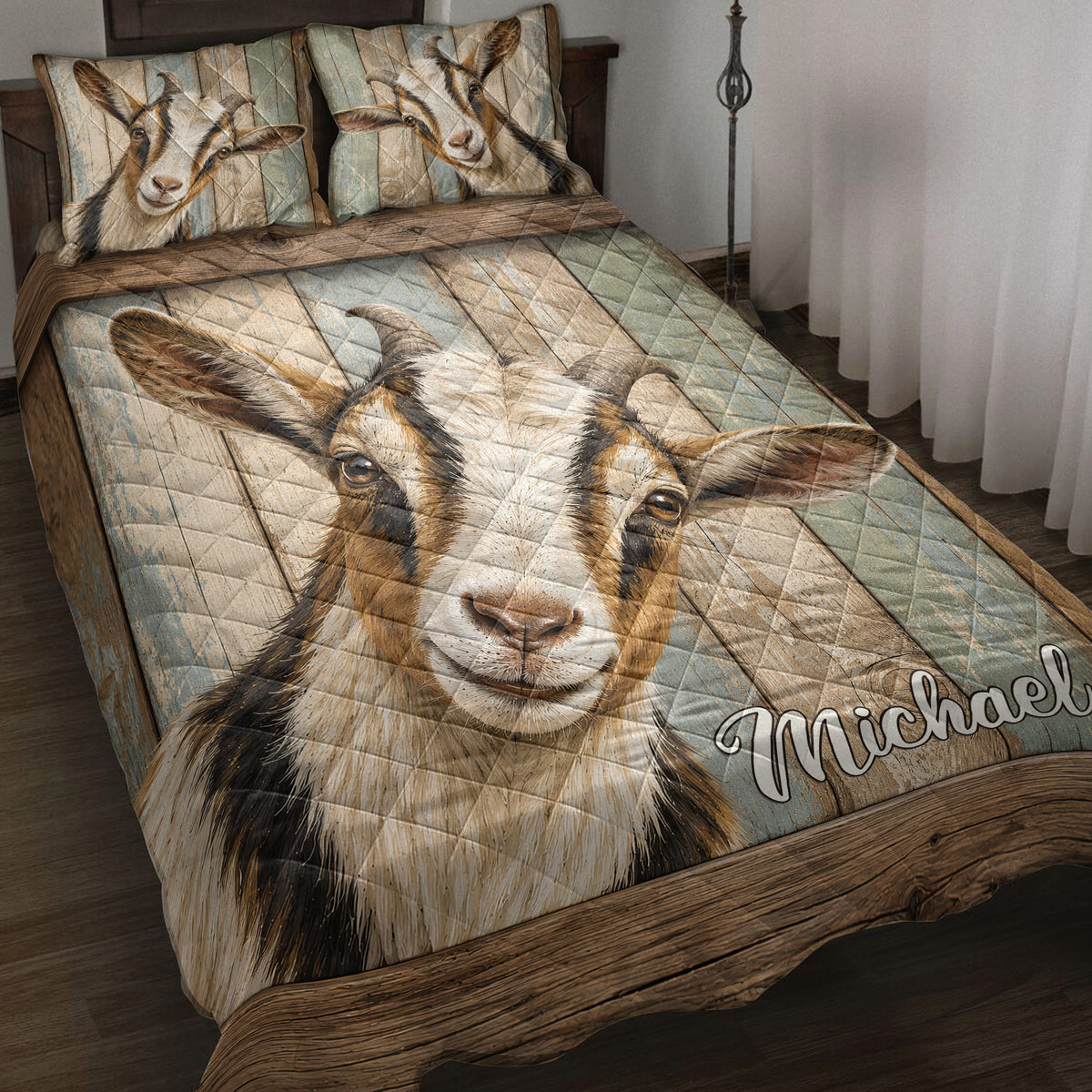 Goat quilt blanket displayed on a rustic bed with matching goat artwork on the pillows