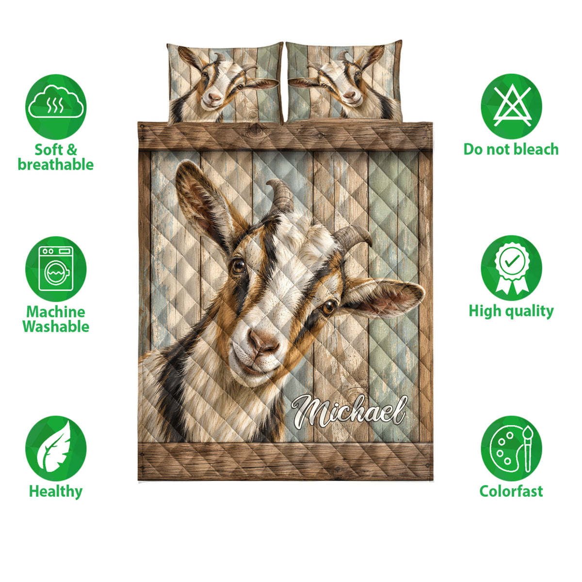 Goat quilt blanket with rustic wood artwork and soft breathable bedding feature icons