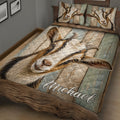 Rustic goat quilt blanket displayed across a bed with detailed goat portraits