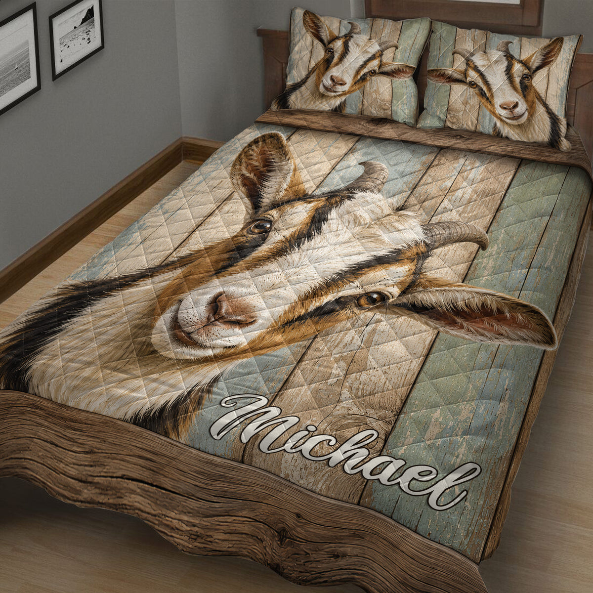 Rustic goat quilt blanket displayed across a bed with detailed goat portraits