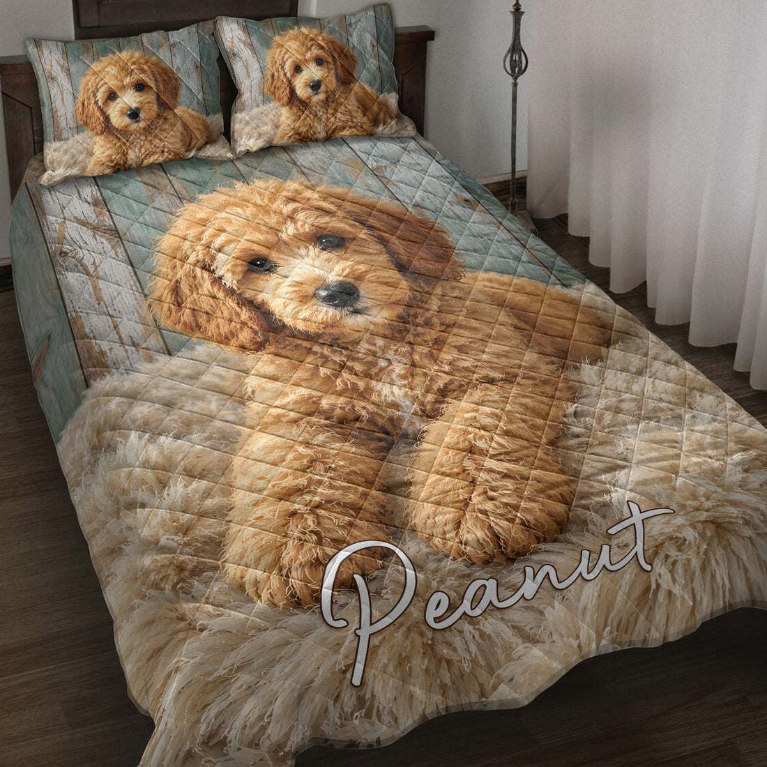 Labradoodle quilt blanket displayed on a bed with matching dog artwork and rustic blue wood background