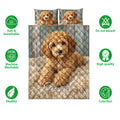 Labradoodle quilt bedding set presentation with dog artwork and soft, breathable product feature icons