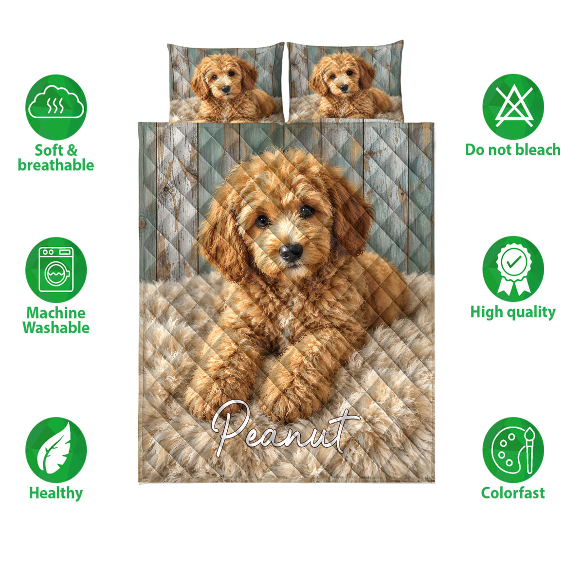 Labradoodle quilt bedding set presentation with dog artwork and soft, breathable product feature icons