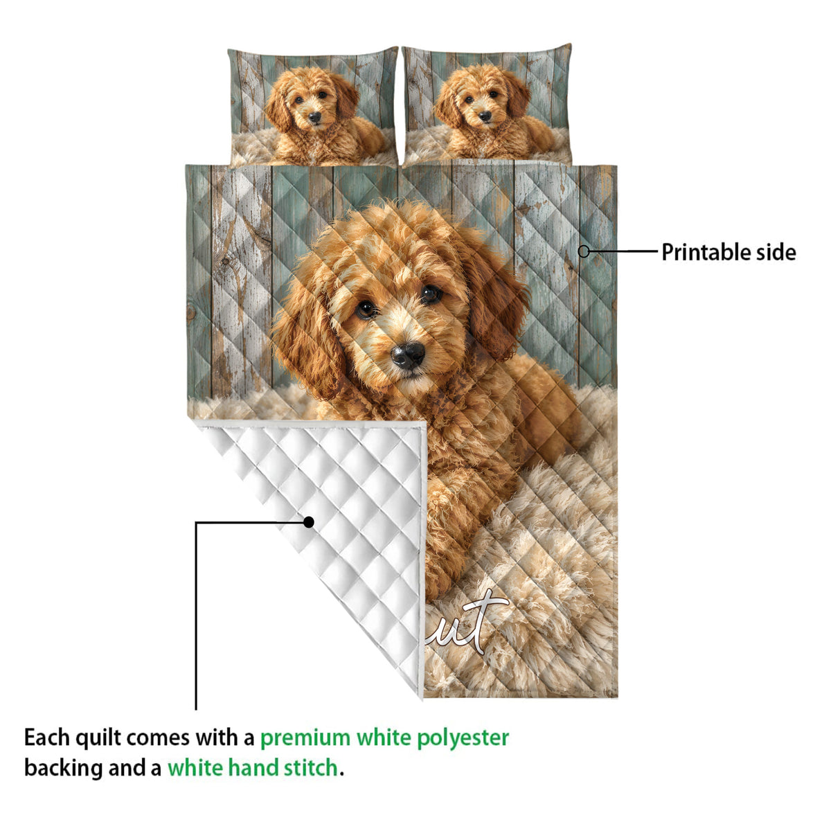 Labradoodle quilt blanket detail showing the printed dog artwork and white quilted backing