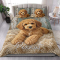 Labradoodle quilt bedding styled in a bright bedroom with large curly dog artwork