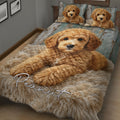 Close bedroom view of Labradoodle quilt blanket featuring a warm golden curly-coated dog design