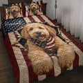 Labradoodle quilt blanket on a bed with patriotic American flag stripes and stars artwork