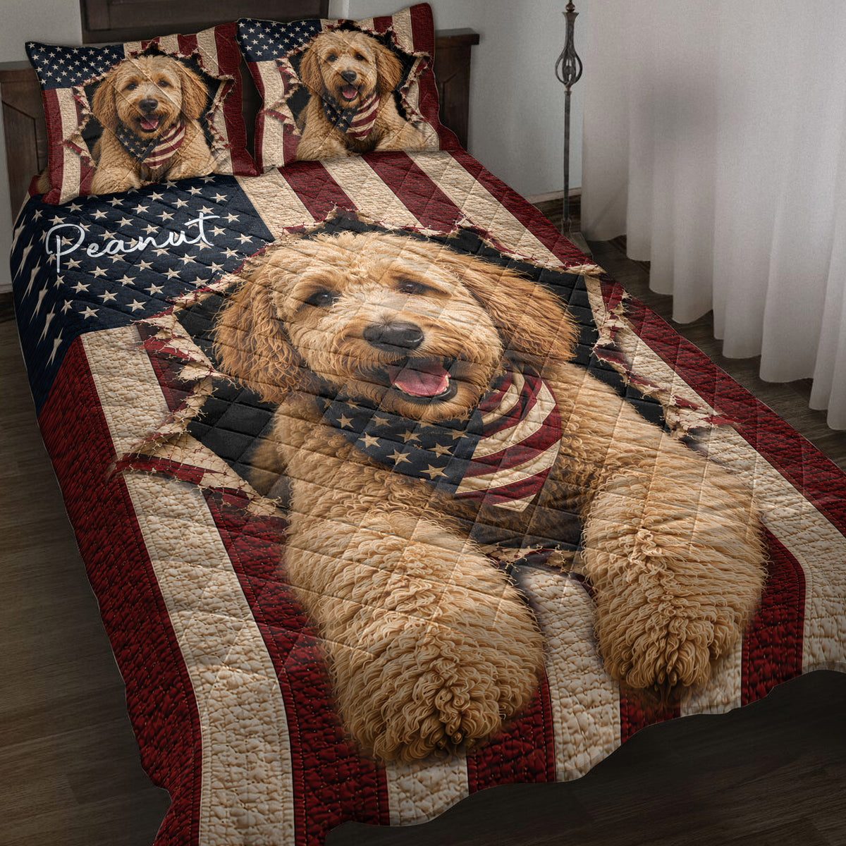 Labradoodle quilt blanket on a bed with patriotic American flag stripes and stars artwork