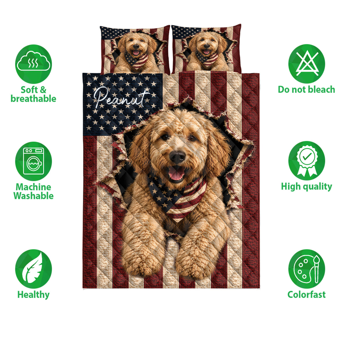 Patriotic Labradoodle quilt bedding set shown with soft breathable and machine washable feature icons