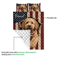 Labradoodle quilt blanket detail showing the printed front and white quilted backing