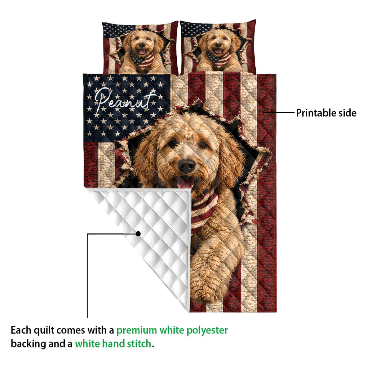 Labradoodle quilt blanket detail showing the printed front and white quilted backing