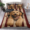 Patriotic Labradoodle quilt bedding set styled in a bright bedroom with coordinating dog artwork