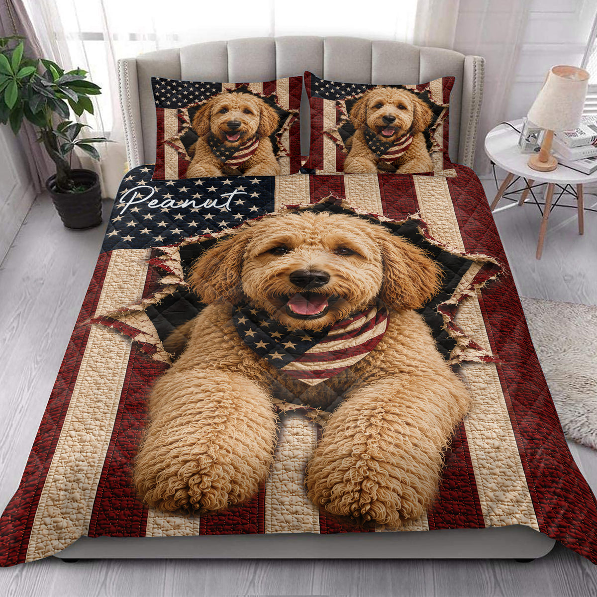 Patriotic Labradoodle quilt bedding set styled in a bright bedroom with coordinating dog artwork