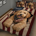 Close bedroom view of a Labradoodle quilt blanket with American flag colors and star details