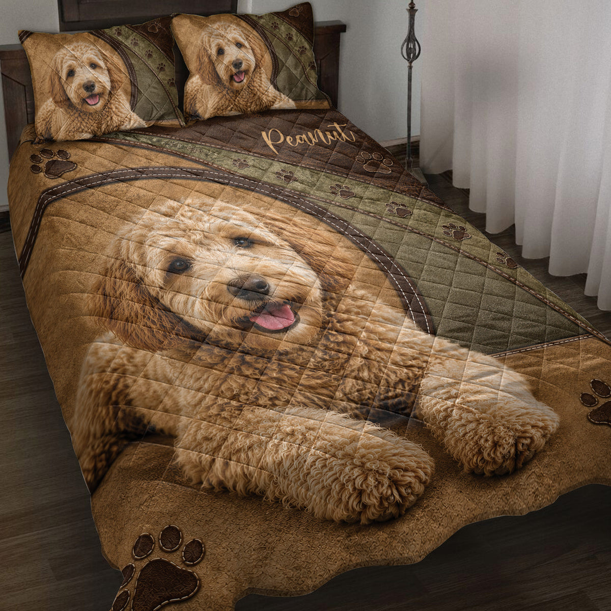 Labradoodle quilt blanket displayed on a bed with paw prints and matching dog portrait pillows