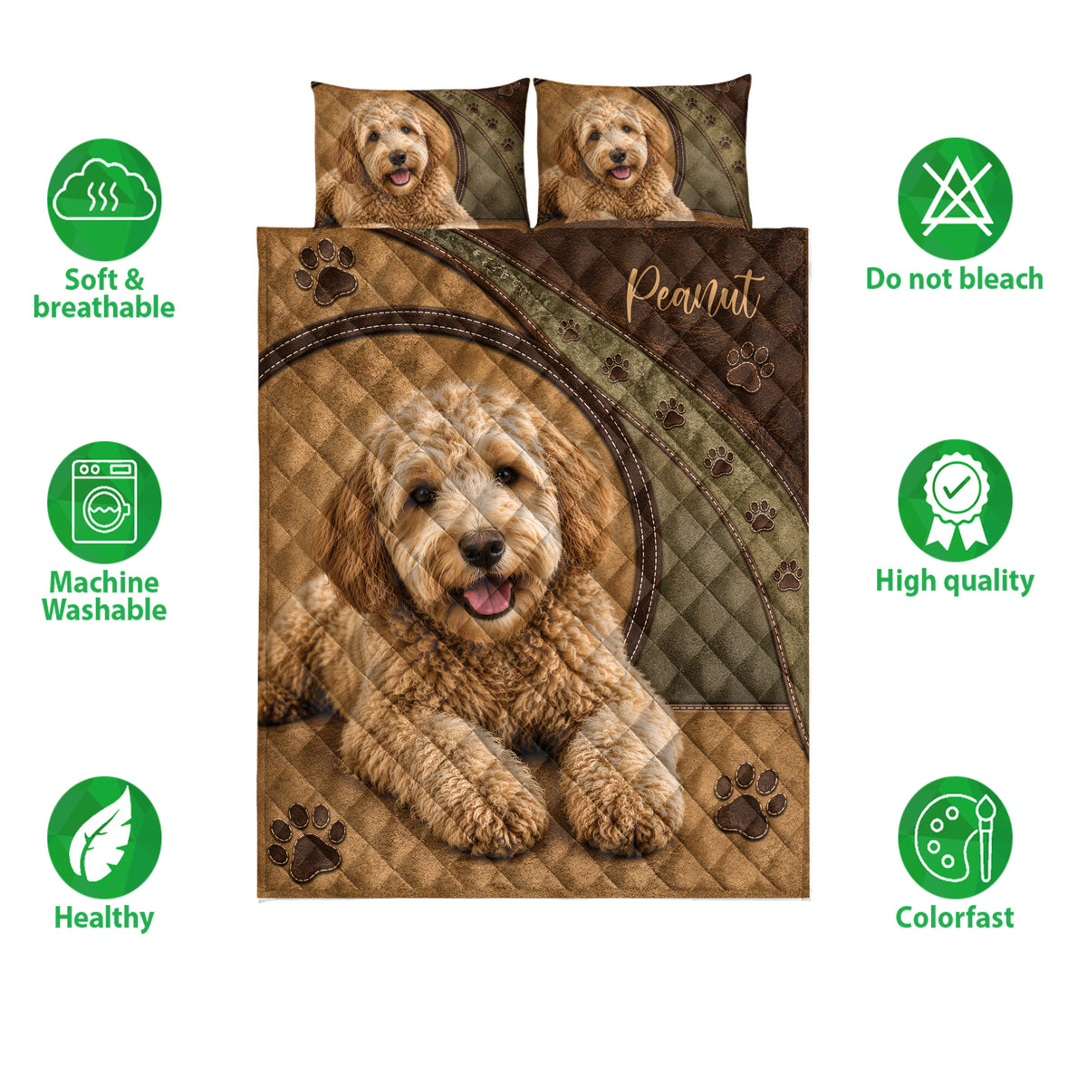 Labradoodle quilt bedding set with dog portraits, paw print accents, and soft breathable design icons