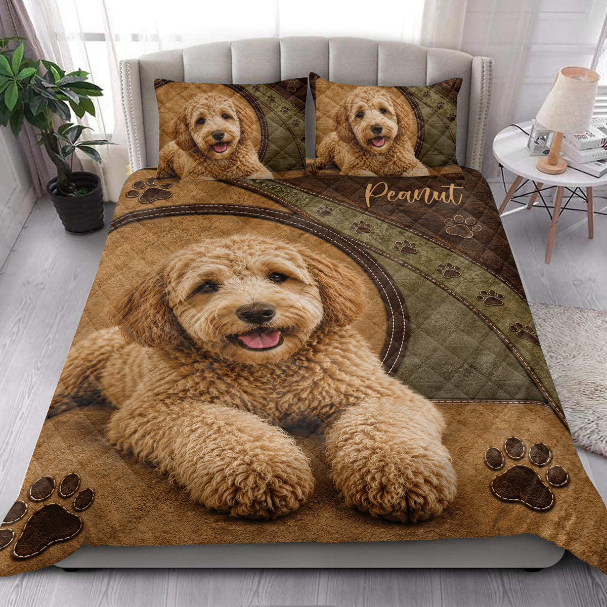 Labradoodle quilt blanket styled on a bed in a bright bedroom with matching dog portrait pillows