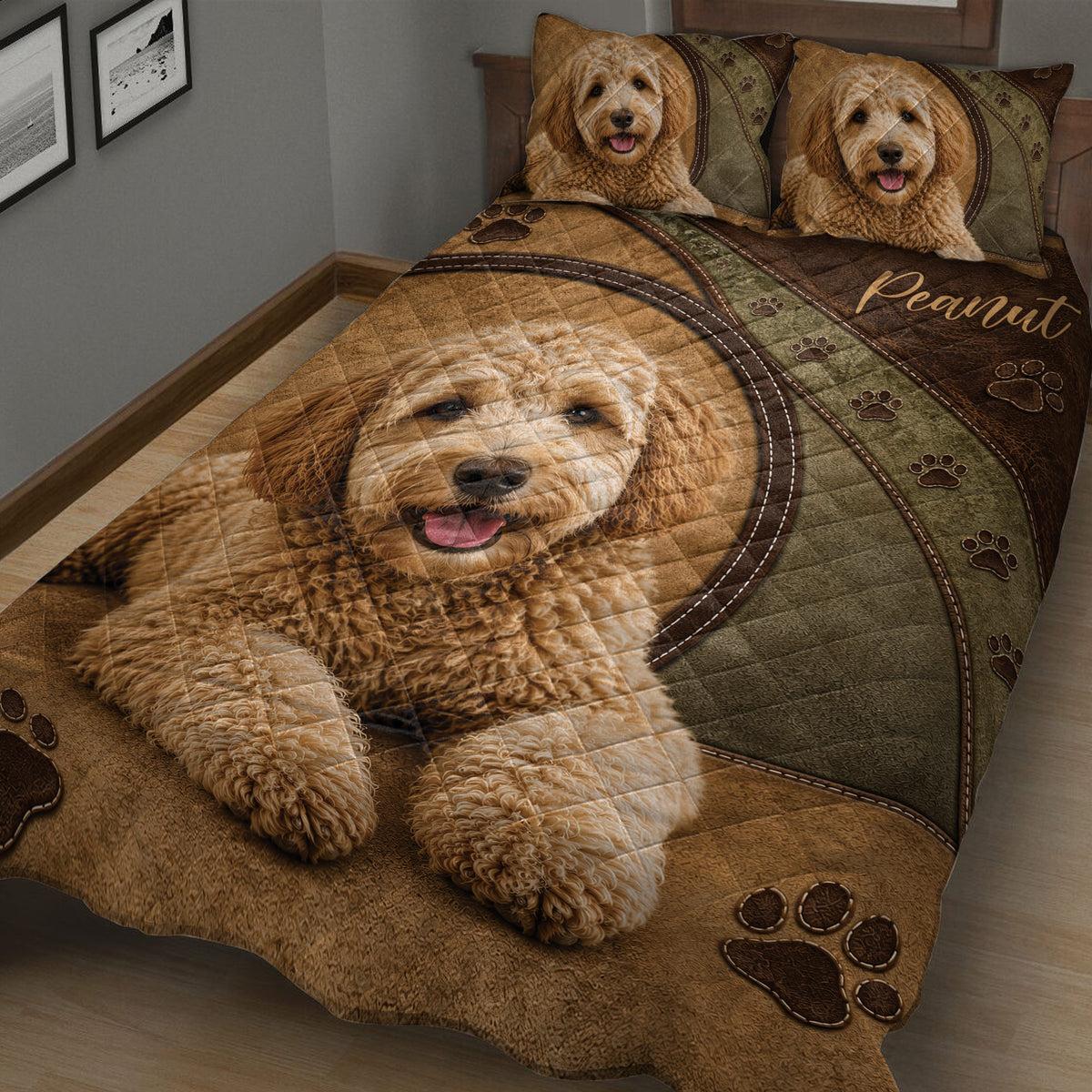 Close bedroom view of Labradoodle quilt bedding with warm brown tones, paw prints, and dog artwork