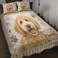Labradoodle quilt bedding set displayed on a bed with paw prints, hearts, plaid trim, and dog portraits