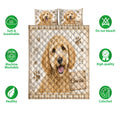 Labradoodle quilt blanket displayed with paw print artwork and icons highlighting product features