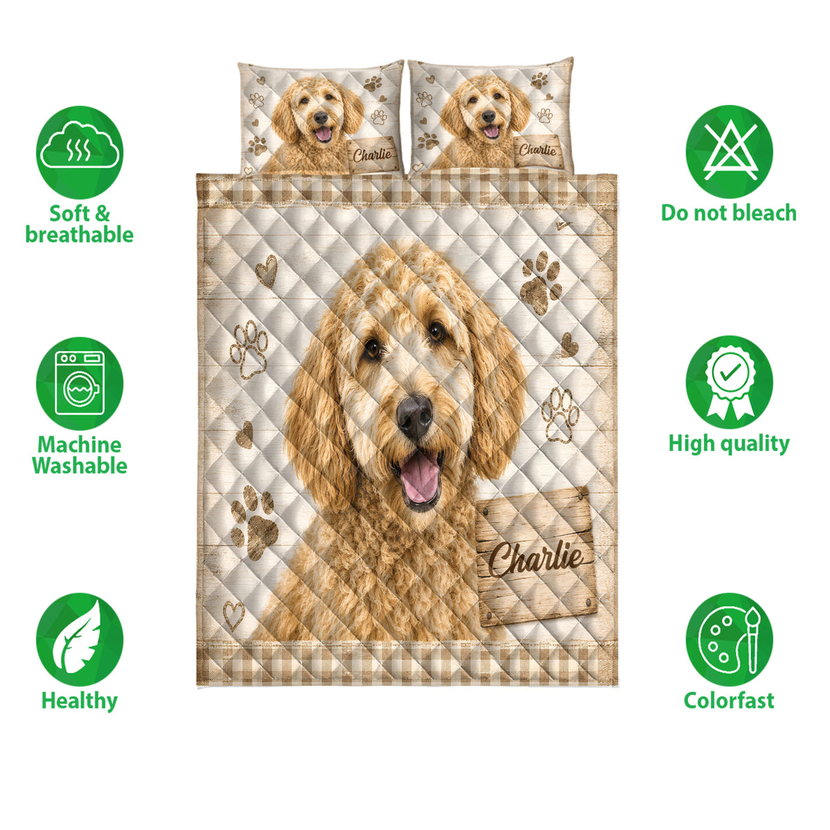 Labradoodle quilt blanket displayed with paw print artwork and icons highlighting product features