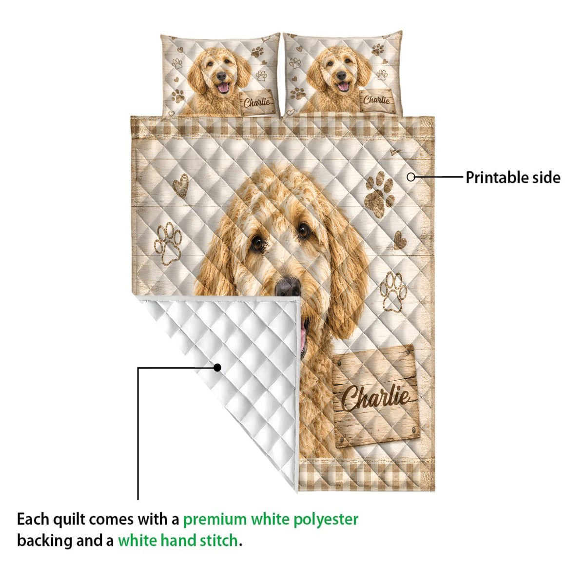 Labradoodle quilt blanket shown with its printed dog artwork and white quilted reverse side