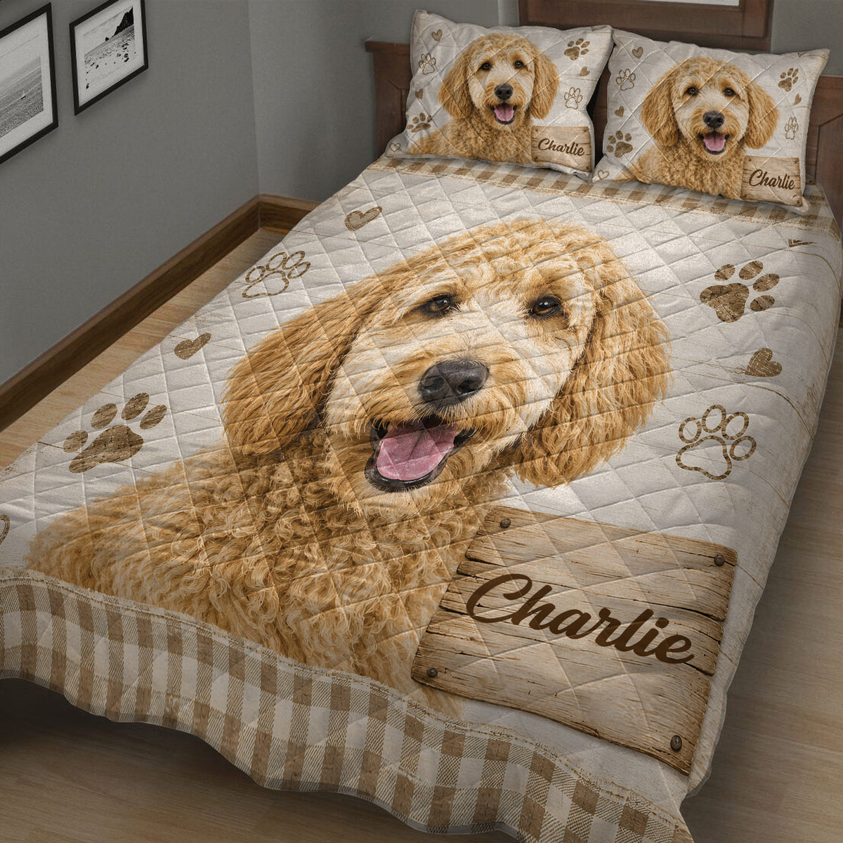 Close bedroom view of Labradoodle quilt bedding with a large curly-haired dog portrait and rustic paw print design