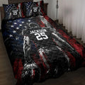 Football quilt bedding set displayed on a bed with bold red, black, blue, and white player artwork