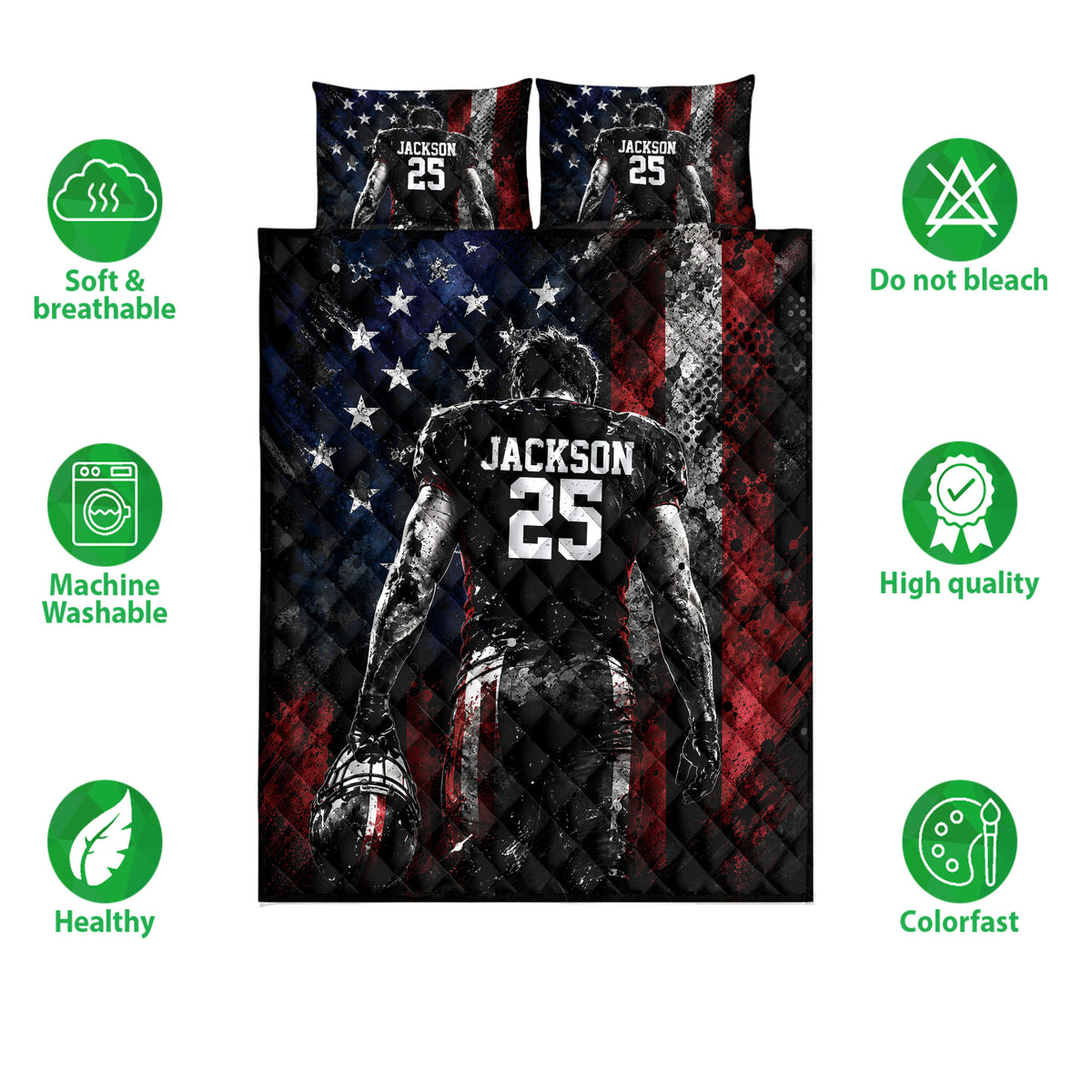 Football quilt blanket and pillowcase options shown with soft breathable and colorfast feature icons
