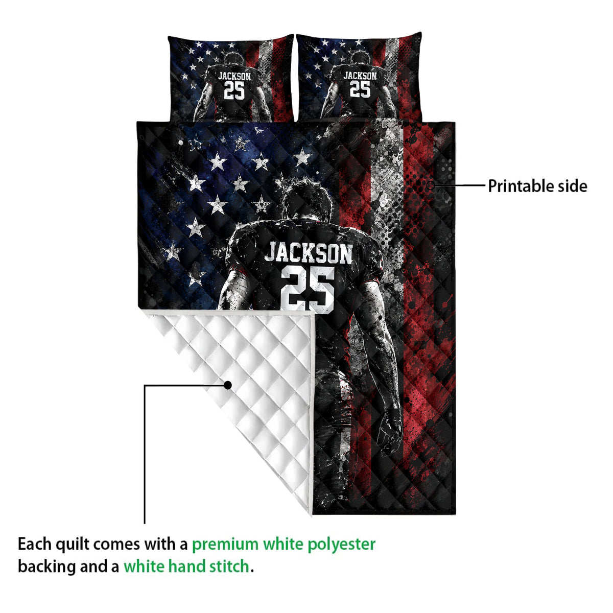 Football quilt showing the printed front design and white quilted polyester backing