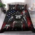 American football quilt bedding styled in a bright bedroom with dramatic player artwork