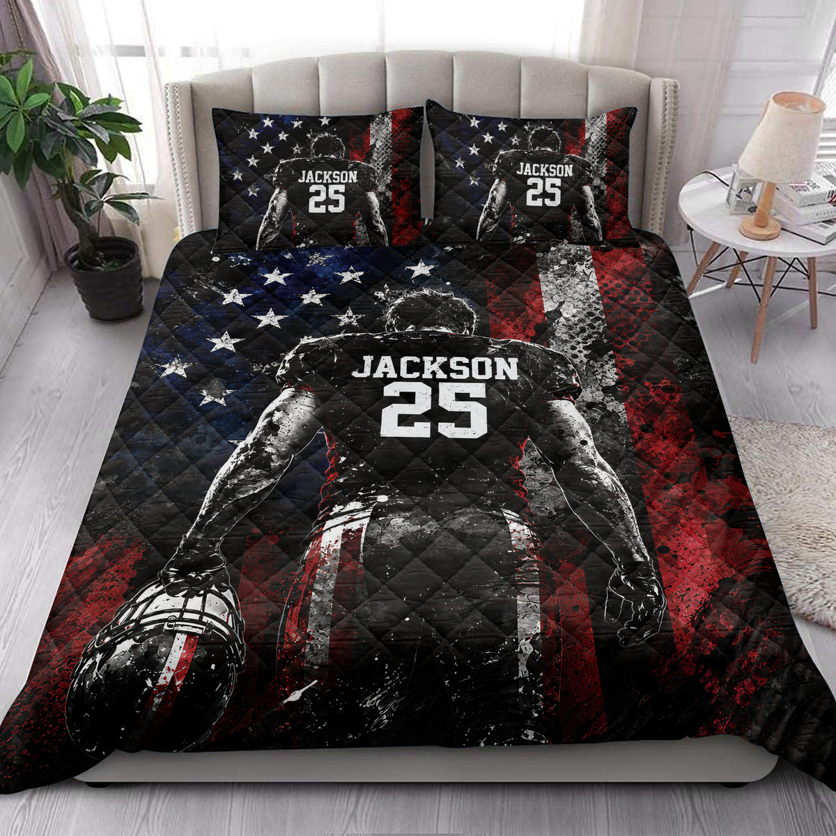 American football quilt bedding styled in a bright bedroom with dramatic player artwork