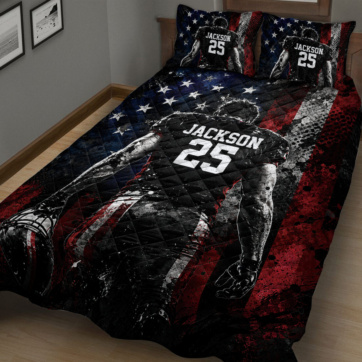 Close view of a football player quilt blanket with stars and red, black, and blue sports graphics