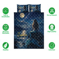 Mermaid quilt bedding set shown with moonlit sea artwork and soft breathable product feature icons