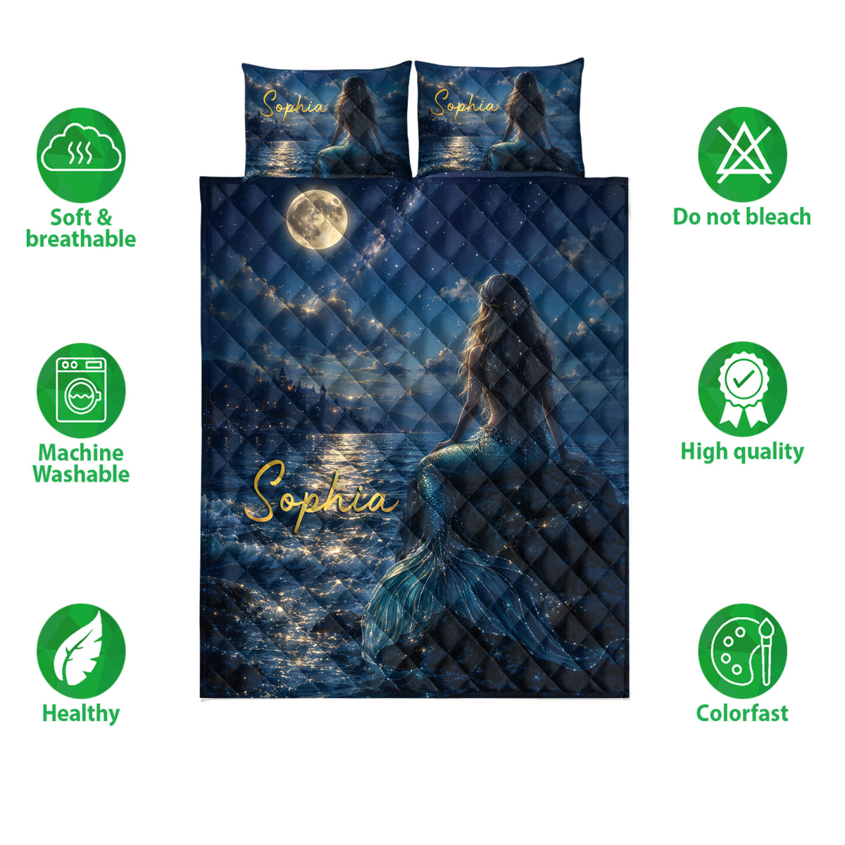 Mermaid quilt bedding set shown with moonlit sea artwork and soft breathable product feature icons