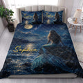 Mermaid quilt bedding styled in a bright bedroom with moonlit ocean artwork and decorative pillows