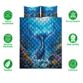 Blue mermaid quilt bedding set with underwater tail artwork, coral reef colors, and product feature icons